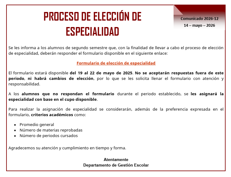 Selección Especialidad para alumnos de 2do semestre