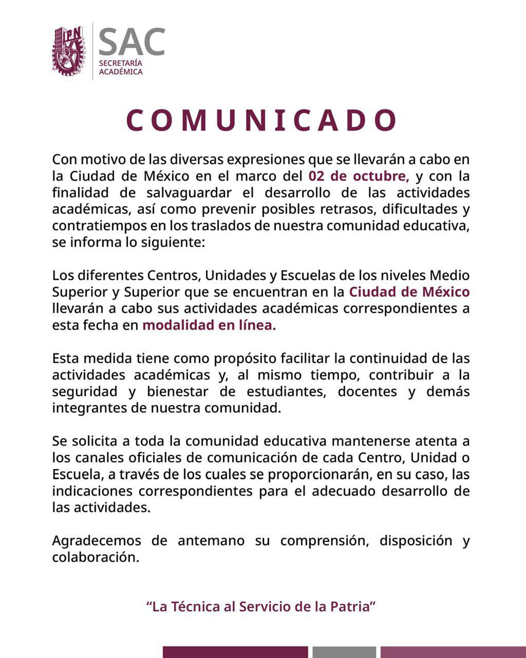 Comunicado Oficial 01-10-26