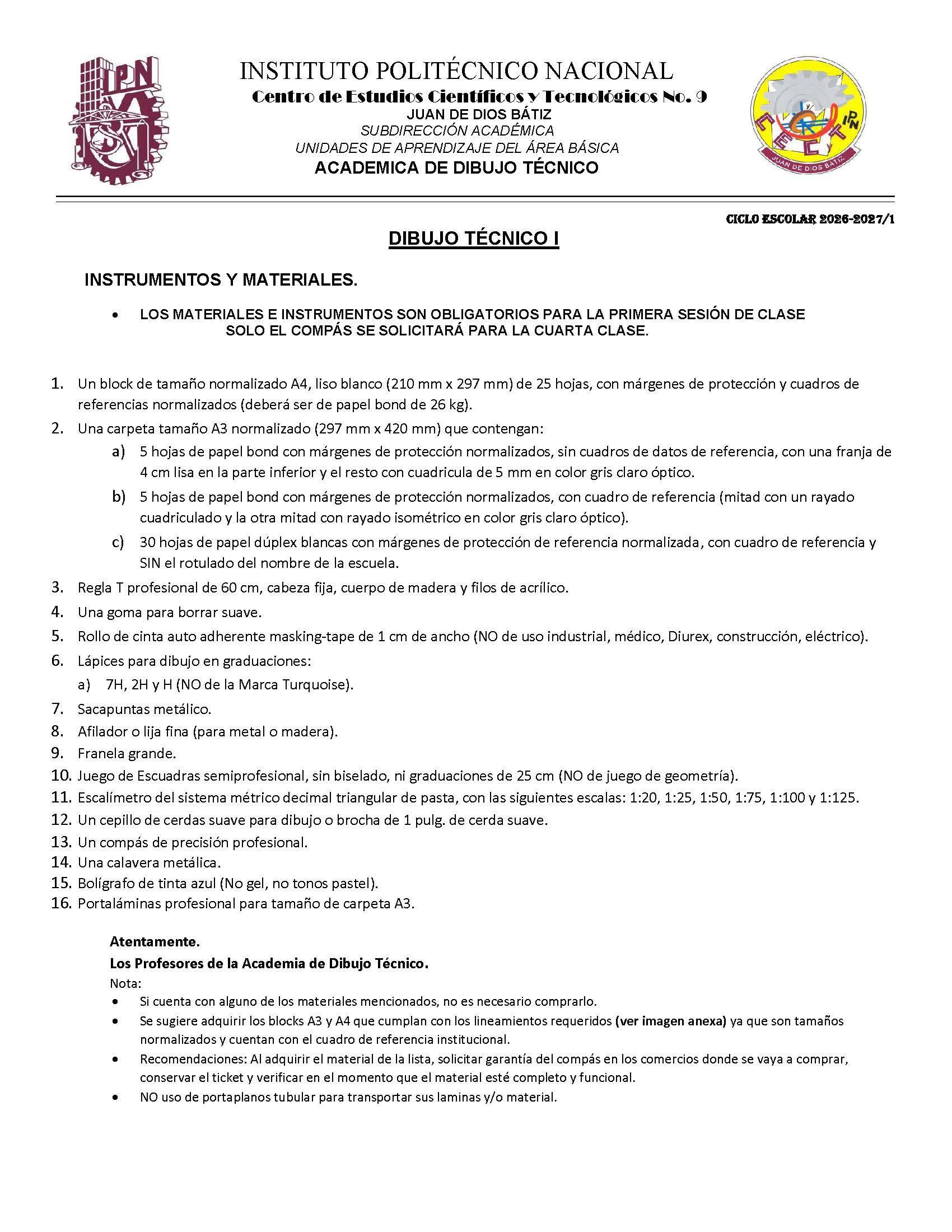 Lista de materiales para Dibujo Técnico para el semestre 27-1