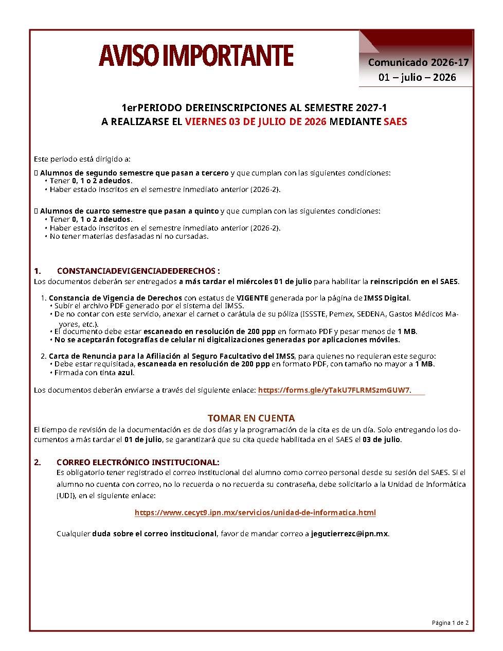 Reinscripción 1ra fase semestre 27-1